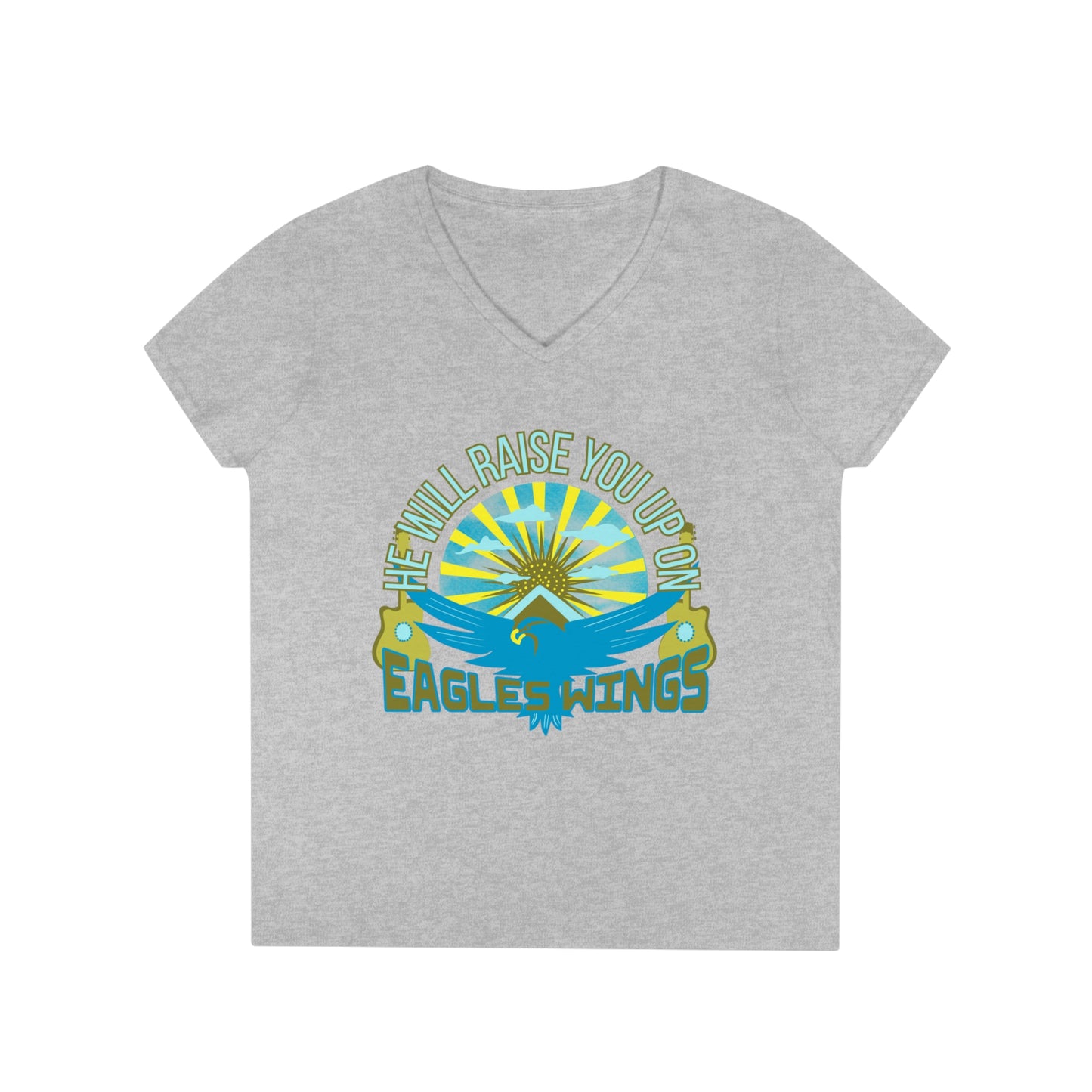 Raise You Up On Eagle's Wings Ladies' V-Neck T-Shirt (Green Pastures Apparel)