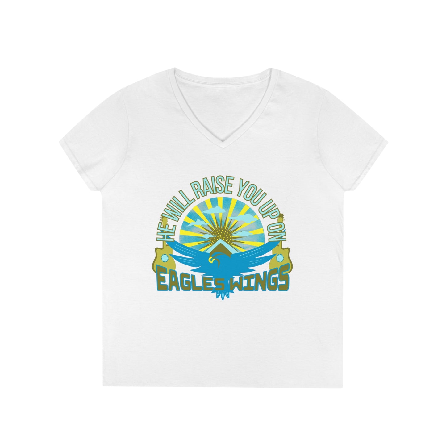 Raise You Up On Eagle's Wings Ladies' V-Neck T-Shirt (Green Pastures Apparel)
